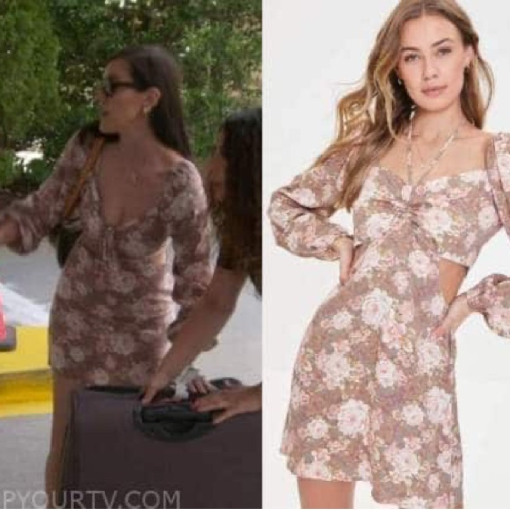 Forever 21 Brown Floral Cut Out Puff Long Sleeve Tie Neck Mini Dress - Picture 5 of 15